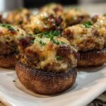 Close-up of baked sausage stuffed mushrooms topped with melted cheese and fresh parsley.