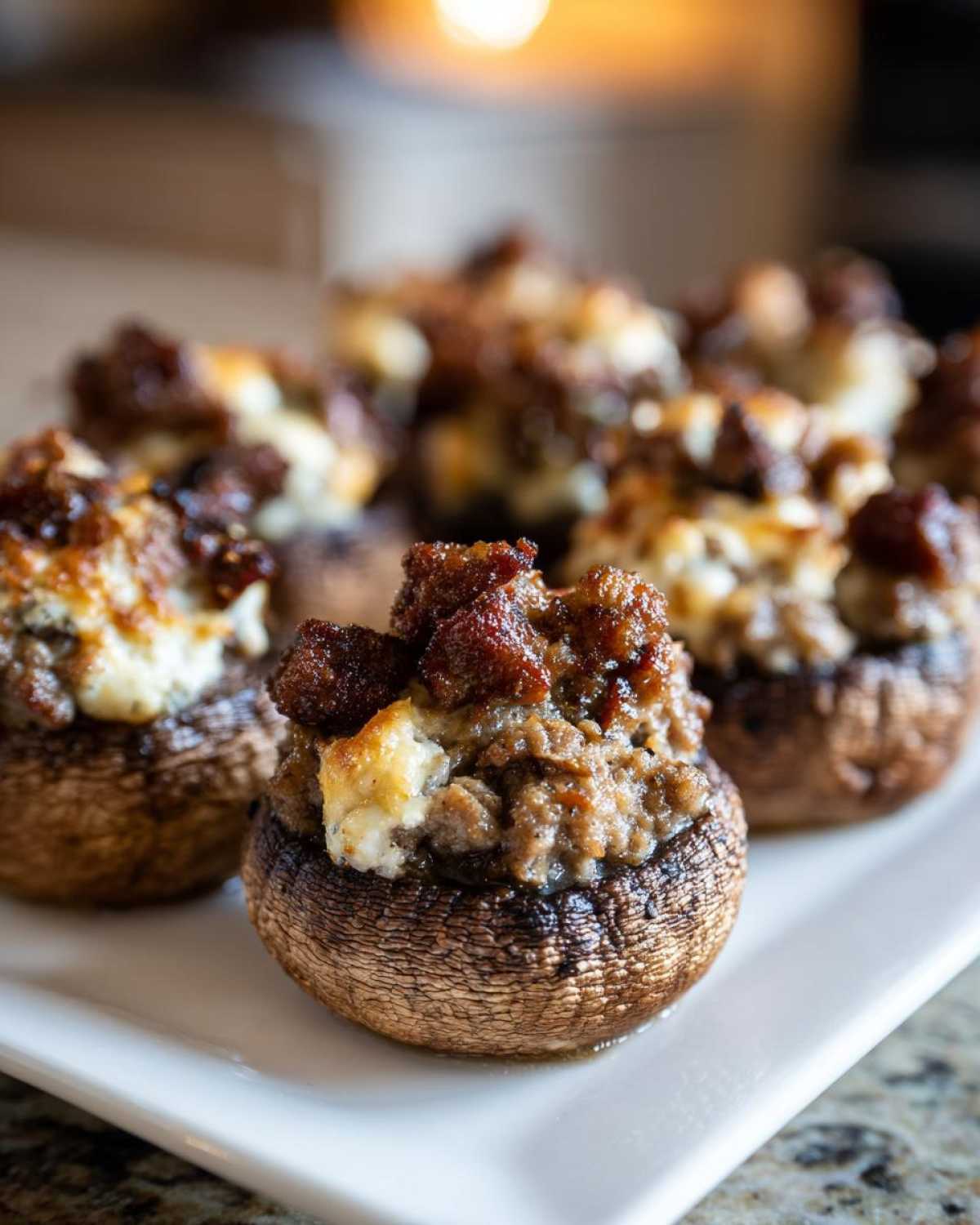 Close-up of baked Sausage stuffed mushrooms piled high with savory filling on a white platter.