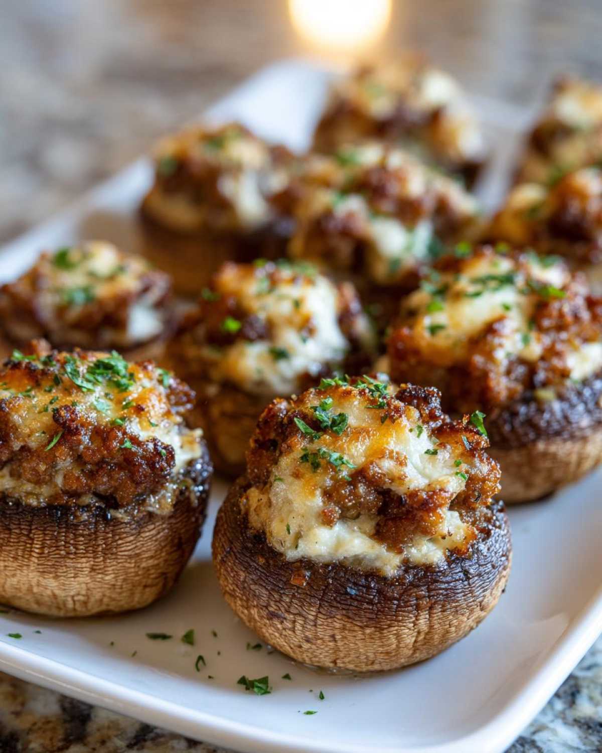 Close-up of baked Sausage stuffed mushrooms topped with melted cheese and fresh parsley on a white platter.