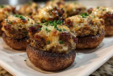 Close-up of baked sausage stuffed mushrooms topped with melted cheese and fresh parsley.