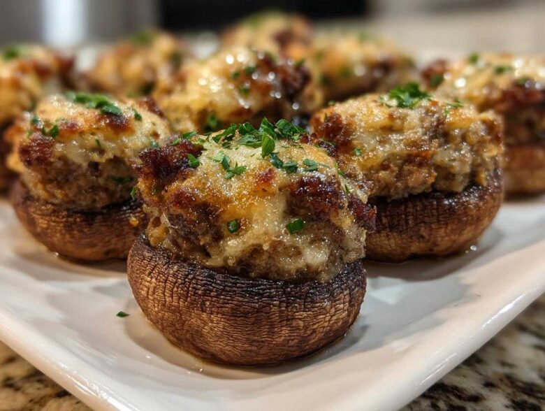 Close-up of baked sausage stuffed mushrooms topped with melted cheese and fresh parsley.