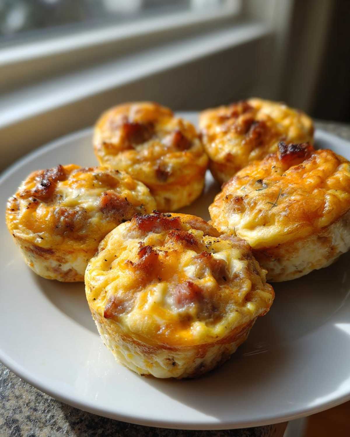 Five golden brown, baked Egg Muffin Cups topped with cheese and sausage served on a white plate near a window.