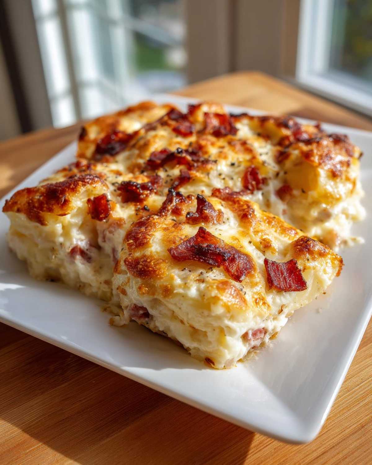 Two servings of creamy scalloped potatoes and ham baked with a golden, cheesy crust and topped with crispy bacon pieces.