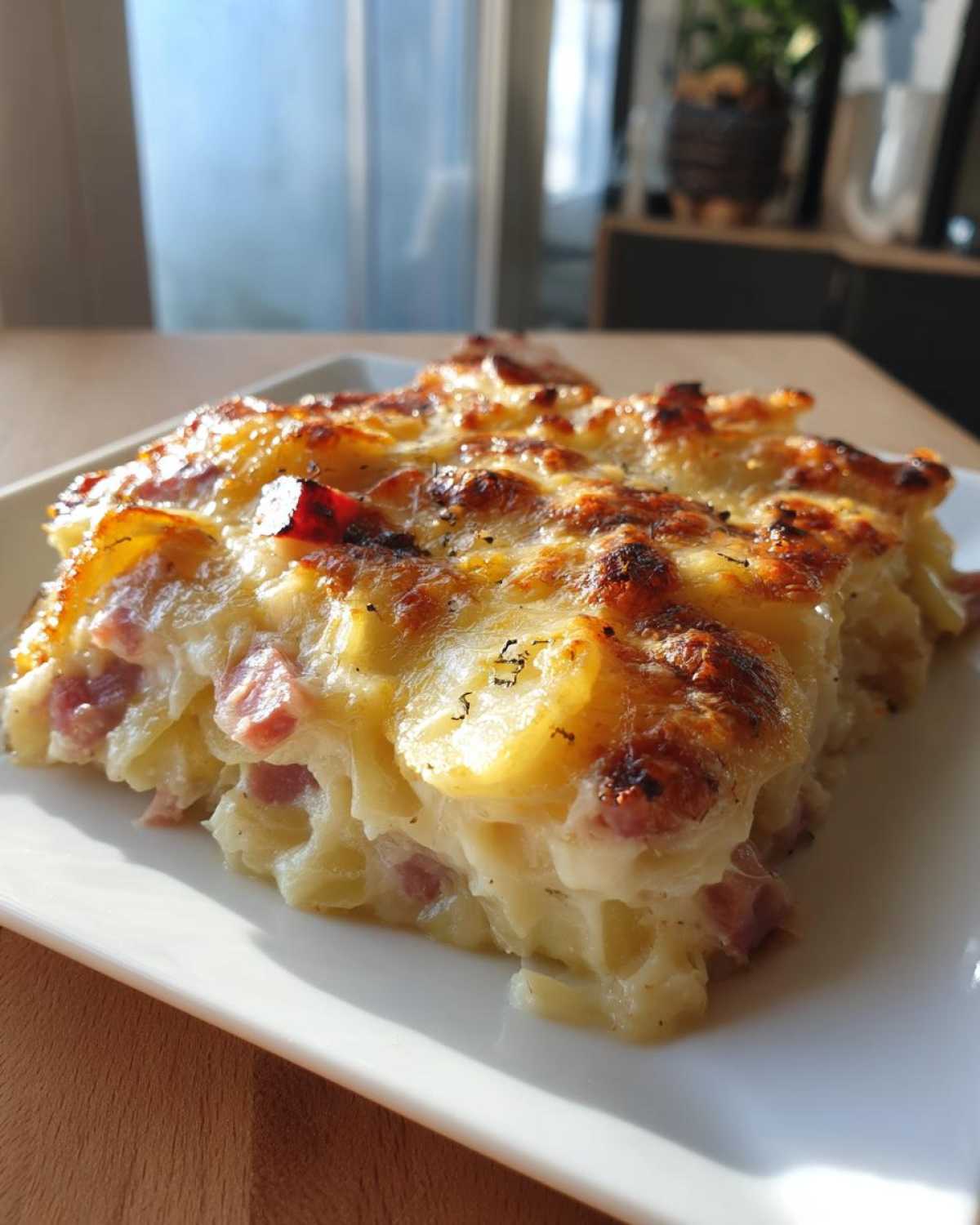 A close-up of a cheesy, baked slice of scalloped potatoes and ham with a golden-brown crust.
