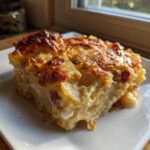 A rich, creamy slice of scalloped potatoes and ham with a golden-brown, cheesy crust, served on a white square plate.