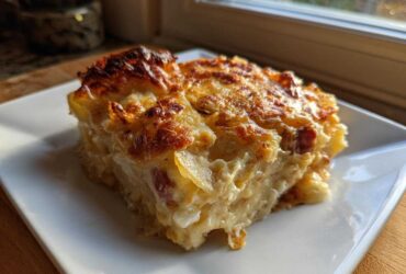 A rich, creamy slice of scalloped potatoes and ham with a golden-brown, cheesy crust, served on a white square plate.