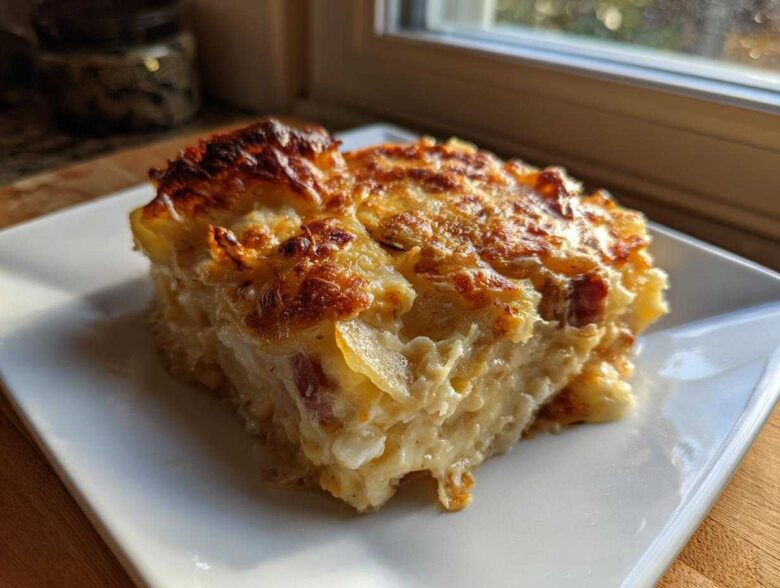 A rich, creamy slice of scalloped potatoes and ham with a golden-brown, cheesy crust, served on a white square plate.
