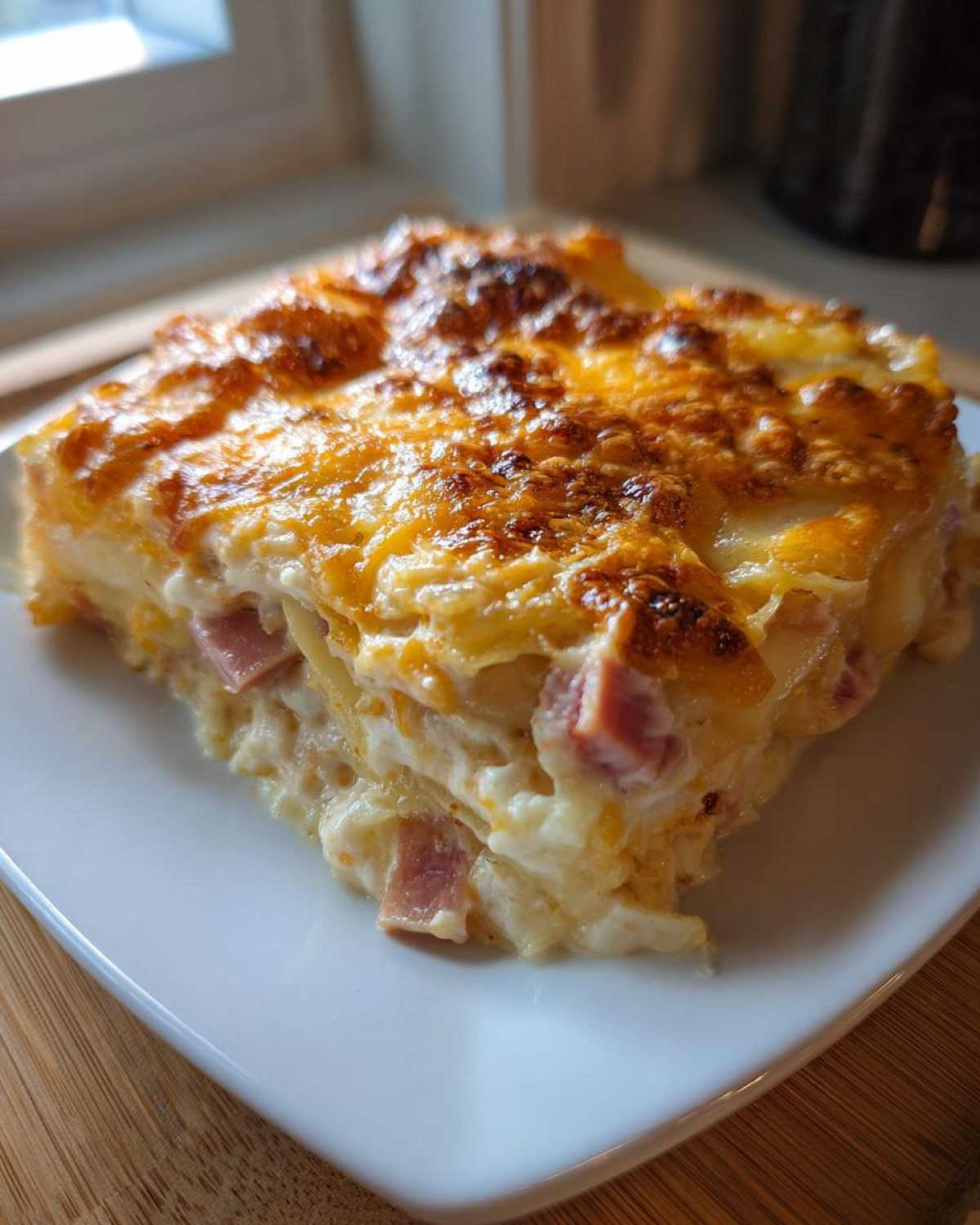 A close-up of a baked slice of scalloped potatoes and ham with a golden, bubbly cheese crust.