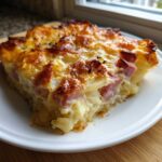 A close-up of a baked slice of scalloped potatoes and ham with a golden, bubbly cheese crust.
