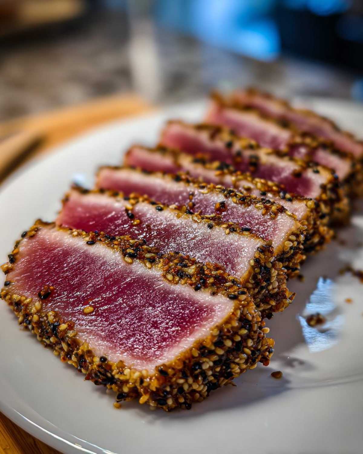 Close-up of perfectly seared ahi tuna slices, crusted with sesame seeds, showing a rare, deep red center.