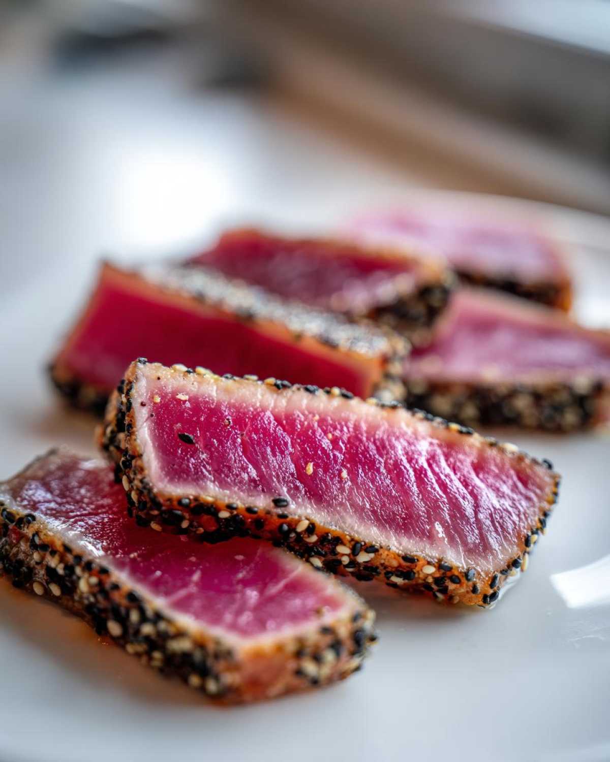 Close-up of perfectly seared ahi tuna slices showing a bright pink center and a black and white sesame seed crust.