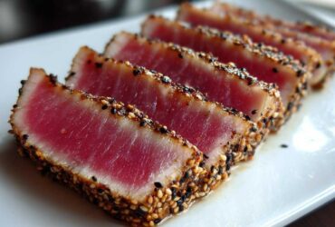 Close-up of perfectly cooked Seared Ahi Tuna, sliced and crusted with black and white sesame seeds.