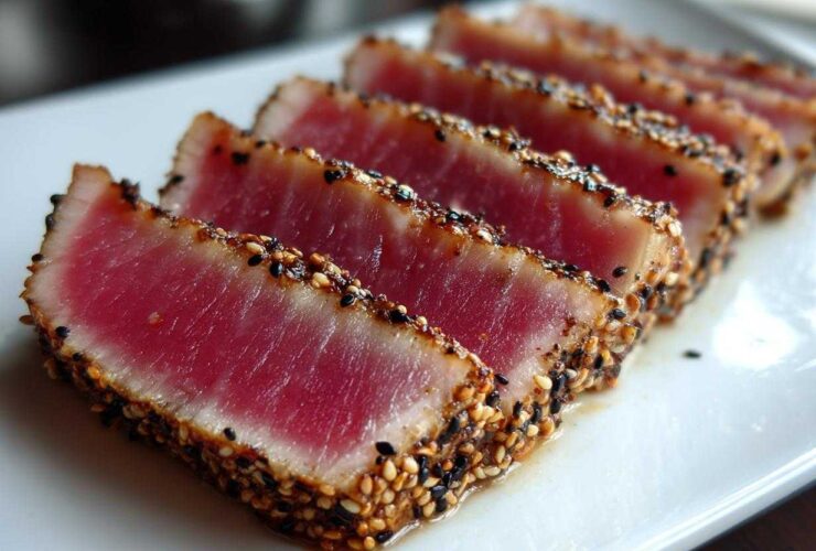 Close-up of perfectly cooked Seared Ahi Tuna, sliced and crusted with black and white sesame seeds.
