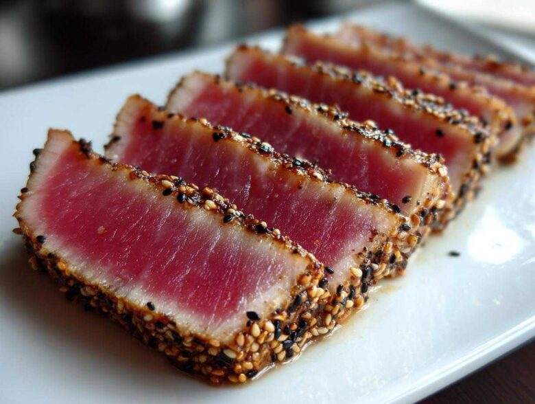 Close-up of perfectly cooked Seared Ahi Tuna, sliced and crusted with black and white sesame seeds.