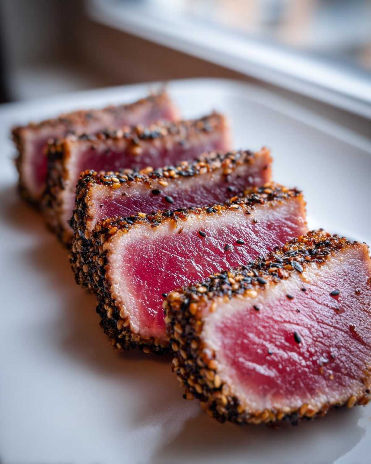 Four slices of perfectly cooked Seared Ahi Tuna, crusted with black and white sesame seeds, showing a bright red rare center.