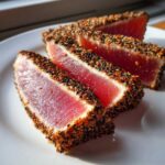 Four thick slices of perfectly seared ahi tuna, crusted with black and white sesame seeds, resting on a white plate.