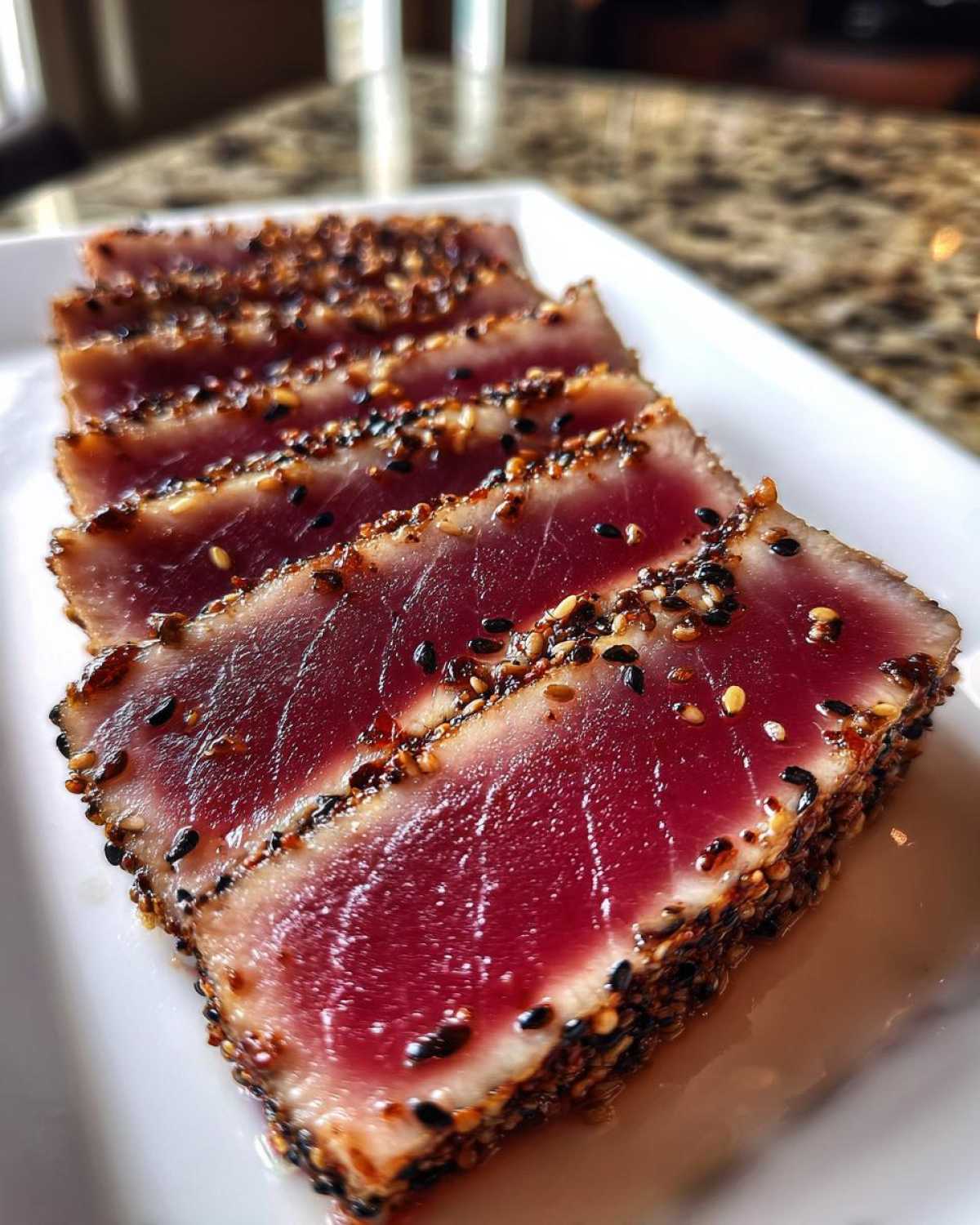 Close-up of perfectly rare Seared Ahi Tuna slices coated in black and white sesame seeds on a white plate.