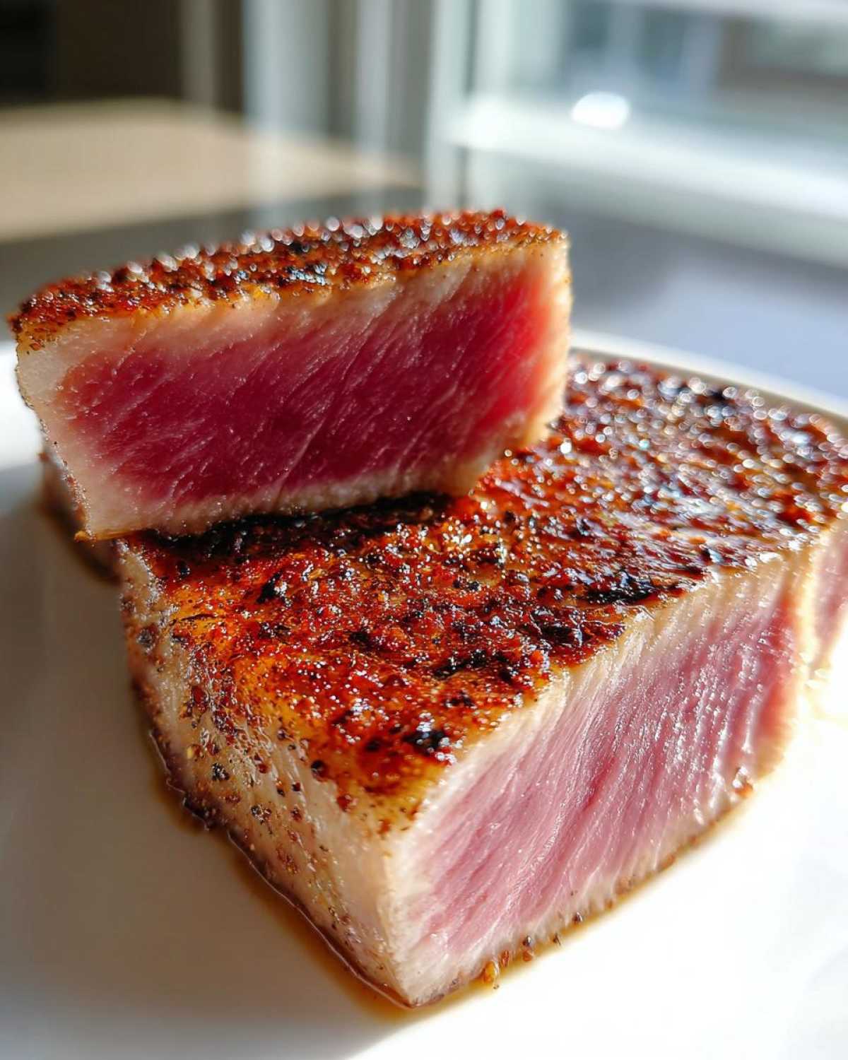 Close-up of two slices of perfectly seared tuna steak, showing a dark, seasoned crust and rare pink center, achieved with a great MARINADE FOR TUNA STEAK.
