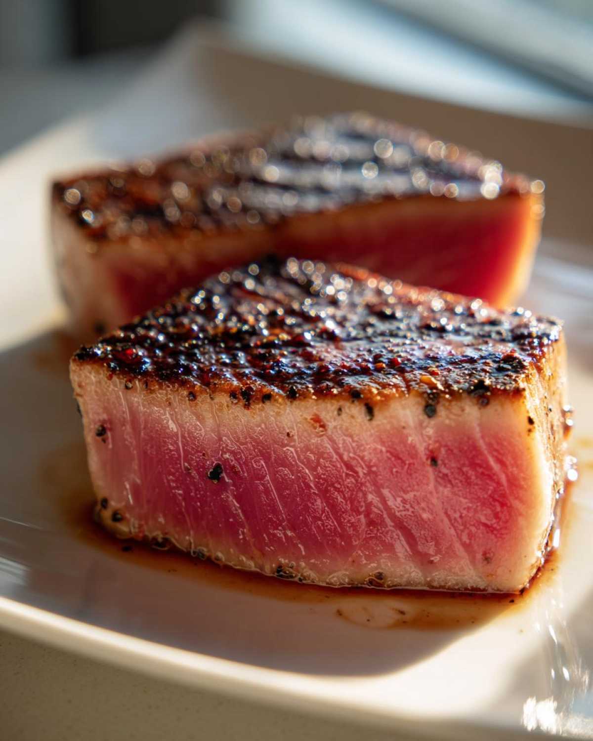 Close-up of two perfectly seared tuna steak halves showing a bright pink, rare center after using the MARINADE FOR TUNA STEAK.
