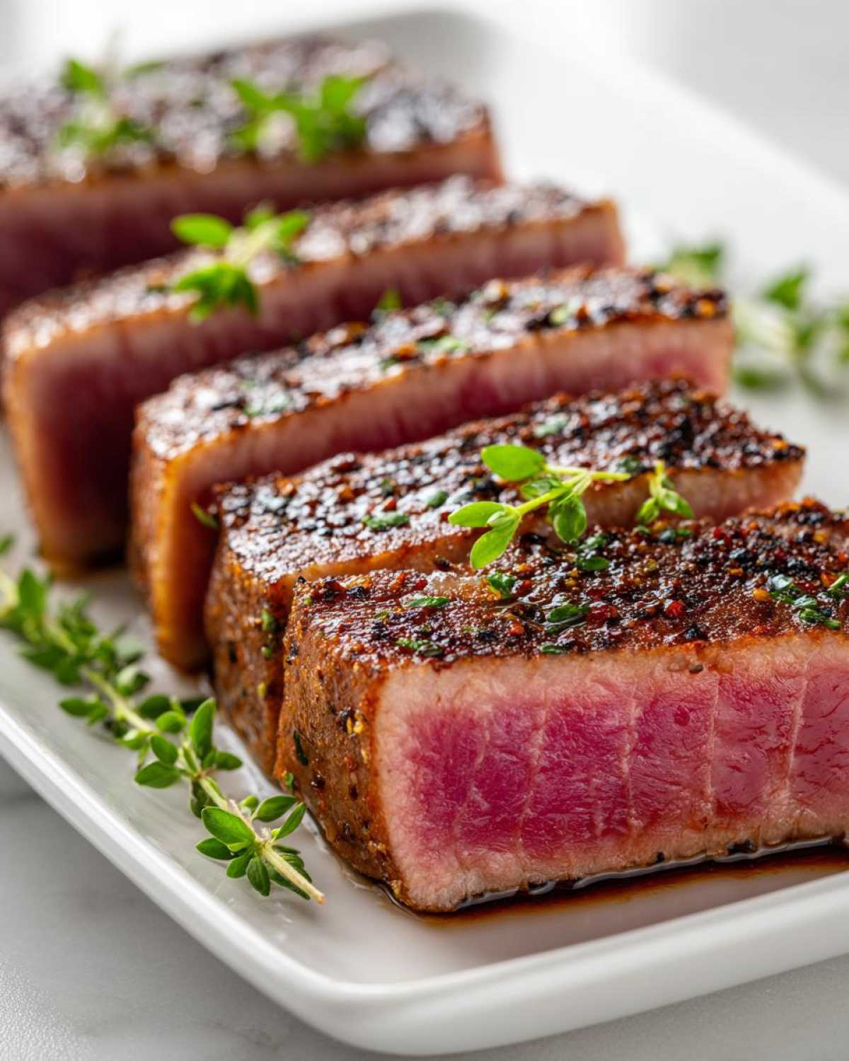 Close-up of perfectly seared tuna steak slices showing a rare, pink center, seasoned with a dark crust.