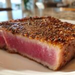 Close-up of a perfectly seared, rare tuna steak coated in a spice rub, showcasing the pink interior.