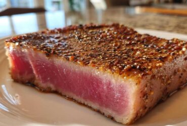 Close-up of a perfectly seared, rare tuna steak coated in a spice rub, showcasing the pink interior.