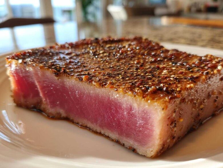 Close-up of a perfectly seared, rare tuna steak coated in a spice rub, showcasing the pink interior.