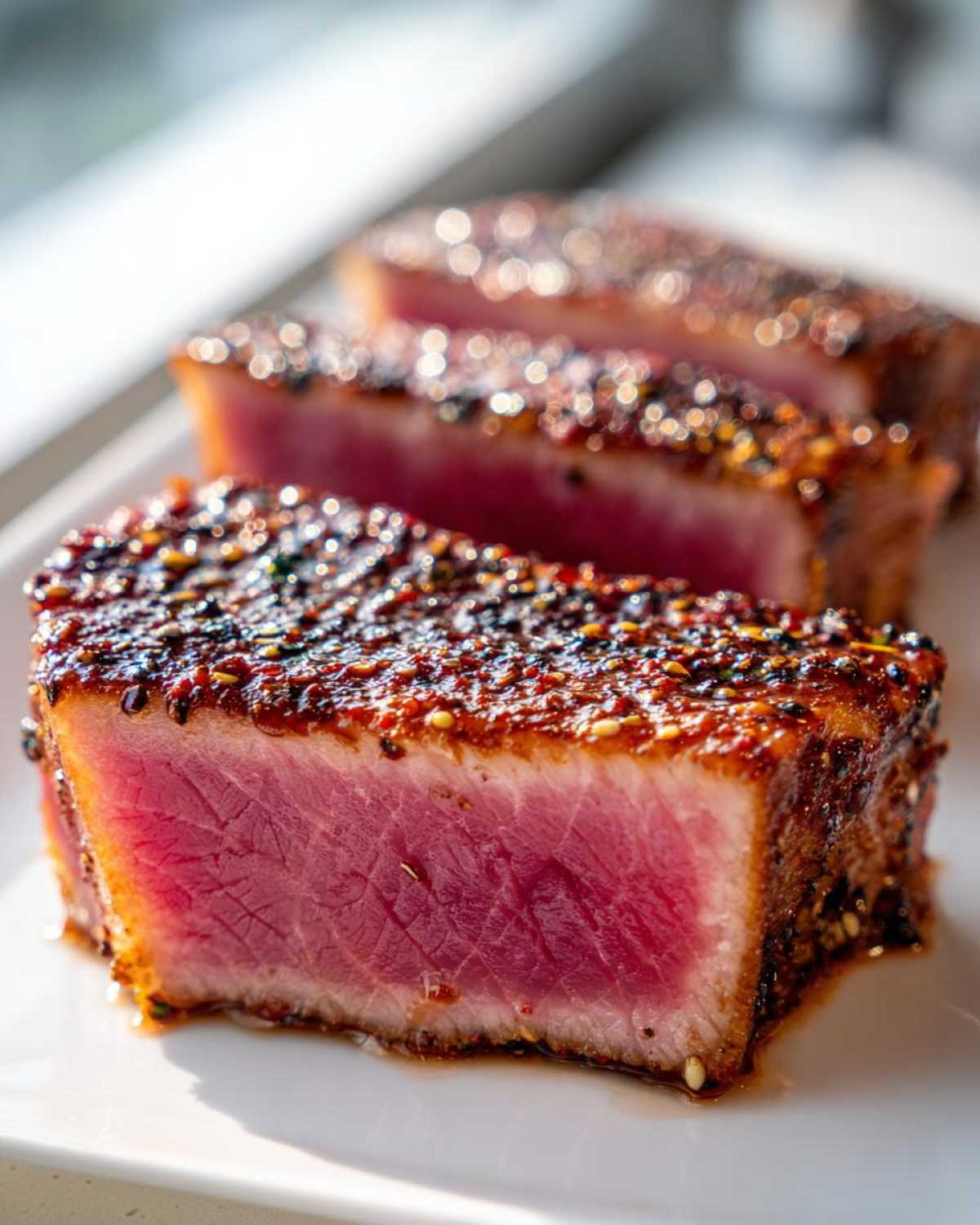 Close-up of perfectly seared tuna steak, showing a bright pink rare center and a dark, sesame-crusted exterior, ideal for a MARINADE FOR TUNA STEAK.