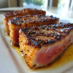 Three thick, perfectly seared tuna steaks showing a dark crust and rare center, coated in spices from the MARINADE FOR TUNA STEAK.