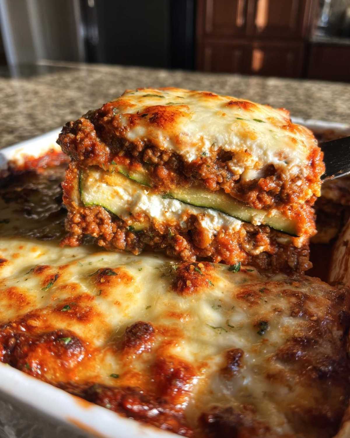A serving utensil lifts a perfect slice of zucchini lasagna, showing layers of meat sauce, cheese, and zucchini noodles.