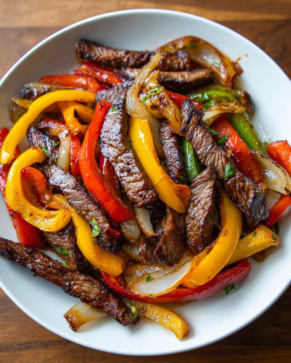 Close-up of sizzling steak fajitas featuring strips of seasoned steak, colorful bell peppers (red, yellow, green), and caramelized onions in a white bowl.