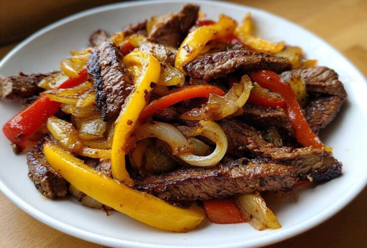 Close-up of sizzling steak fajitas featuring seasoned steak strips, yellow and red bell peppers, and caramelized onions on a white plate.