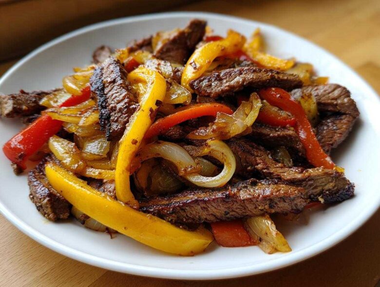 Close-up of sizzling steak fajitas featuring seasoned steak strips, yellow and red bell peppers, and caramelized onions on a white plate.