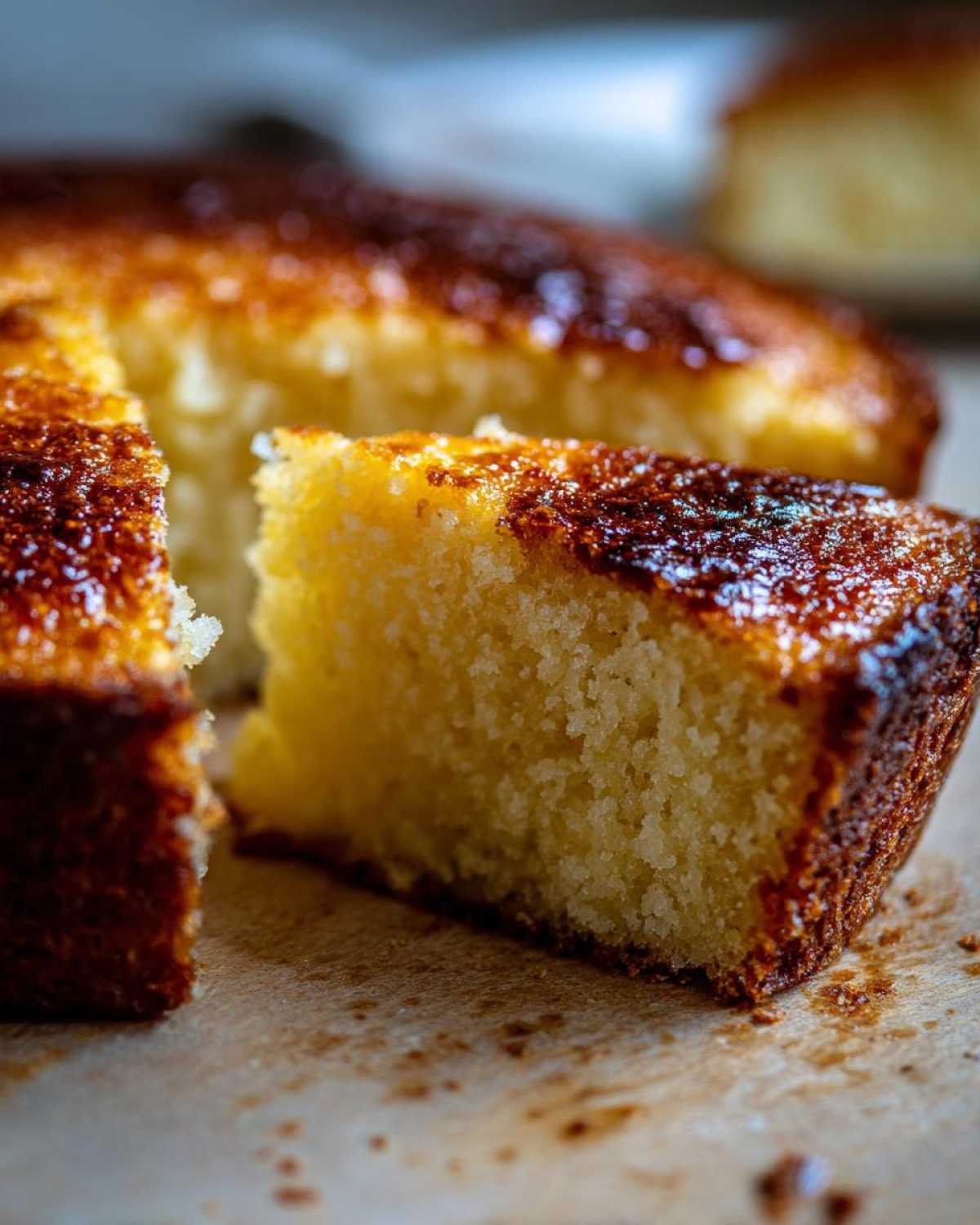 Close-up of a golden, moist wedge of skillet cornbread with a dark, caramelized crust.
