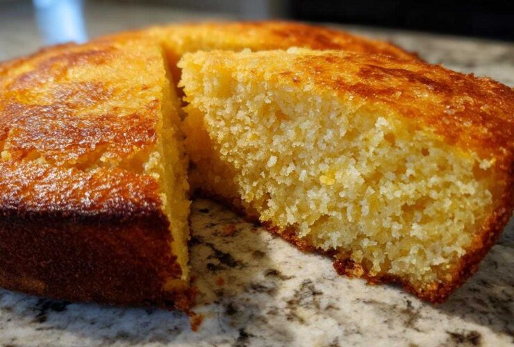 Close-up of a golden brown skillet cornbread with one wedge cut out, showing the moist, crumbly texture inside.
