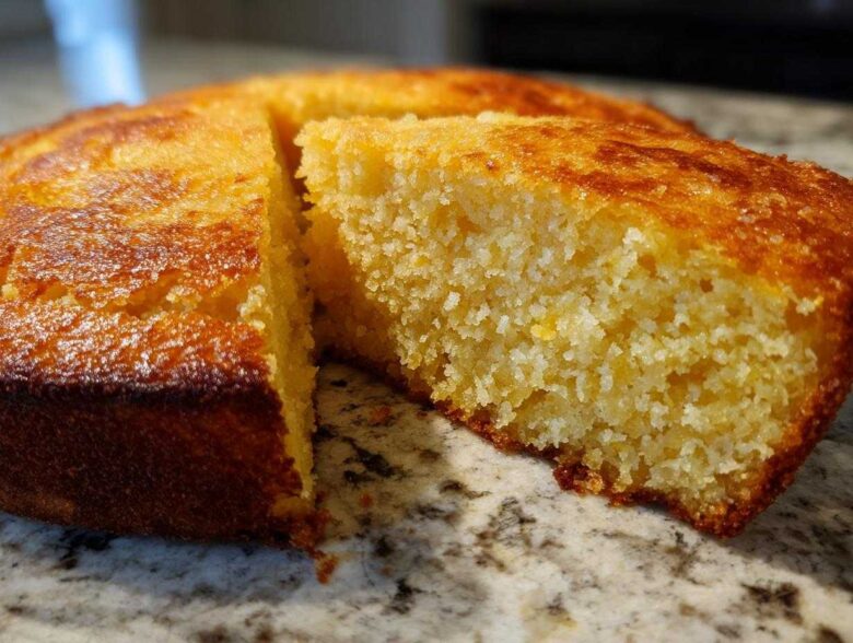 Close-up of a golden brown skillet cornbread with one wedge cut out, showing the moist, crumbly texture inside.