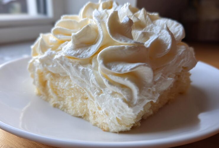 A close-up of a square slice of white cake generously topped with perfectly piped swirls of rich cream cheese frosting.