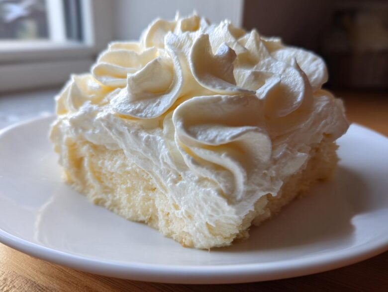 A close-up of a square slice of white cake generously topped with perfectly piped swirls of rich cream cheese frosting.