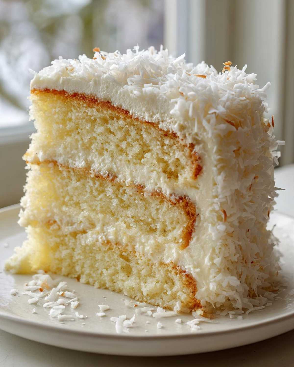 A moist slice of three-layer coconut cake covered in white frosting and shredded coconut.