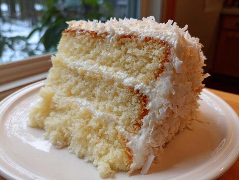 A close-up of a moist slice of coconut cake with white frosting and shredded coconut topping.