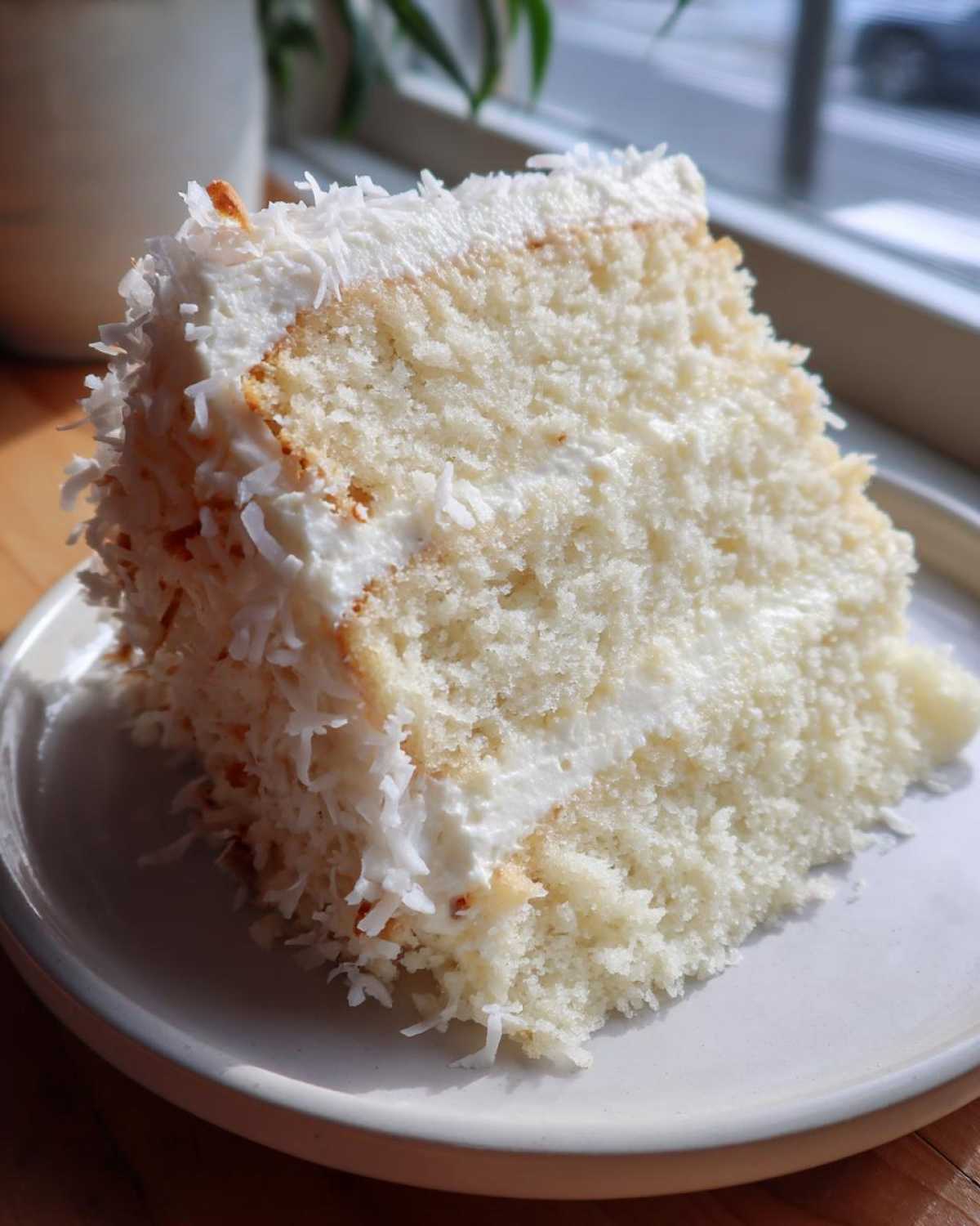 A close-up of a moist slice of white coconut cake layered with frosting and covered in shredded coconut.