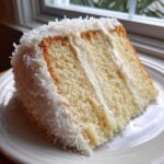 A tempting slice of layered coconut cake covered in white frosting and shredded coconut flakes.