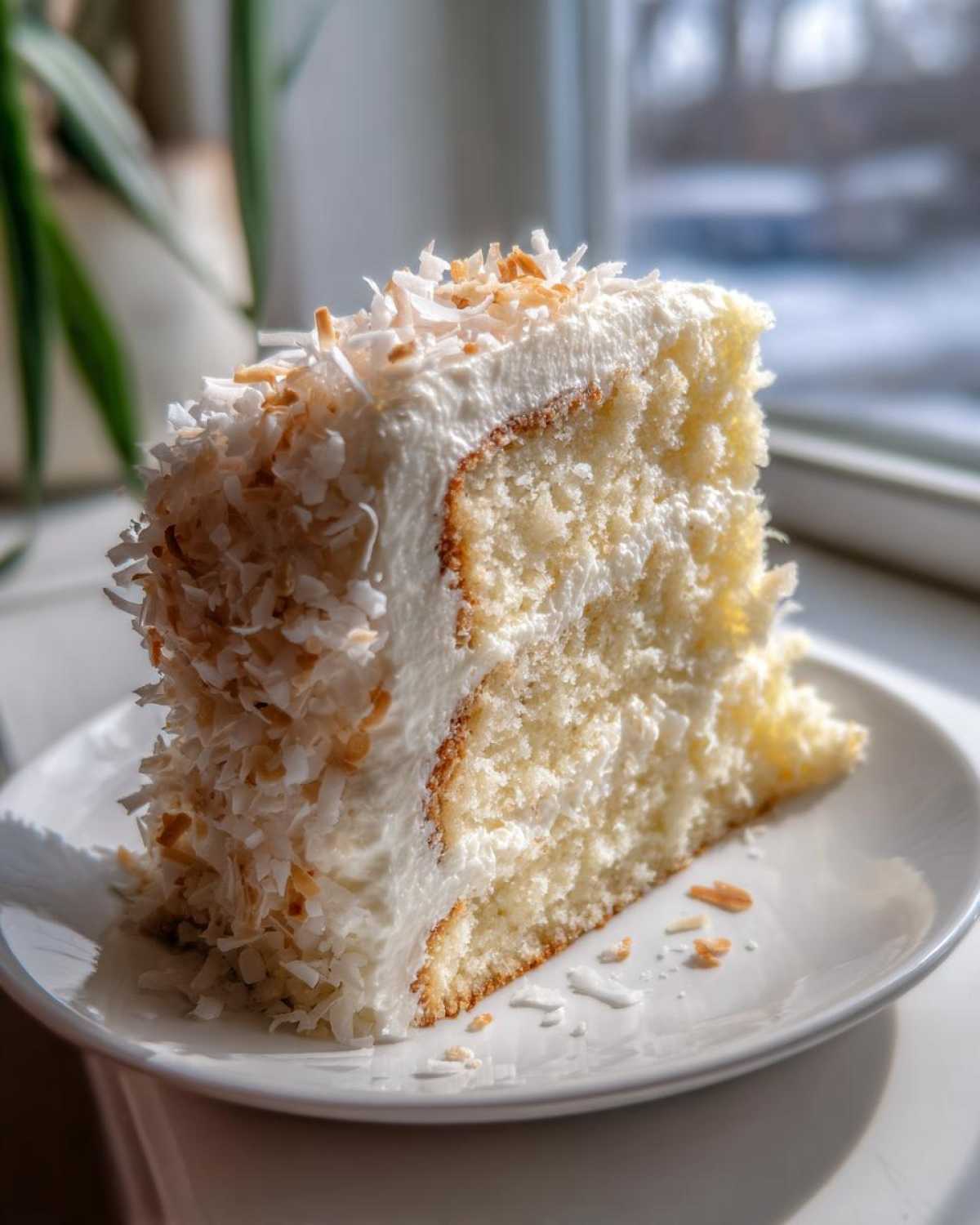 A moist slice of white coconut cake with thick frosting and toasted coconut flakes.