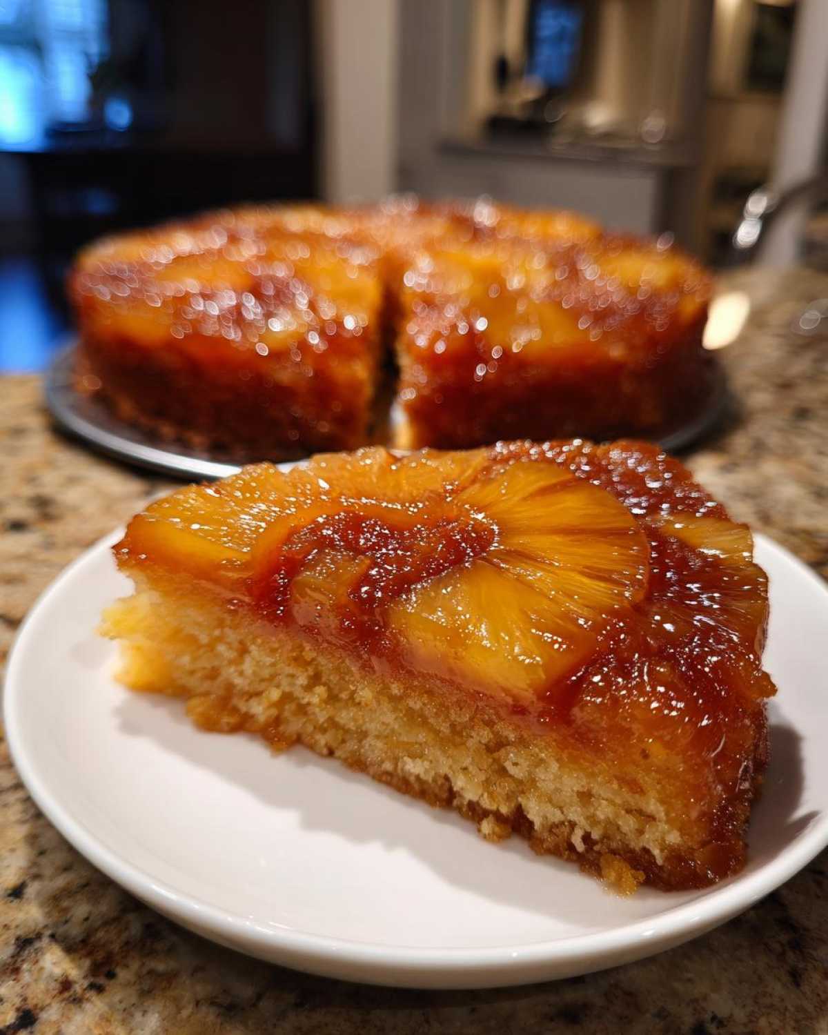 A close-up slice of moist pineapple upside down cake with a sticky, caramelized topping.