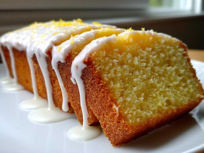 Close-up of a sliced lemon pound cake topped with thick white glaze dripping down the sides and sprinkled with zest.