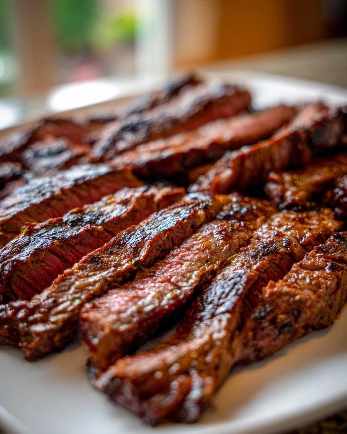 Close-up of medium-rare steak slices, showing char marks from grilling after using the carne asada marinade.