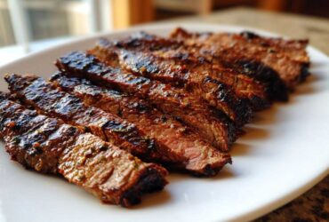 Slices of grilled steak showing a medium-rare center, coated in a rich Carne asada marinade, served on a white plate.