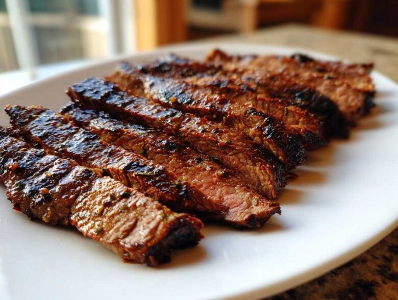 Slices of grilled steak showing a medium-rare center, coated in a rich Carne asada marinade, served on a white plate.