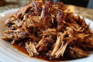 Close-up of a generous mound of saucy, shredded Slow Cooker Pulled Pork piled high on a white plate.
