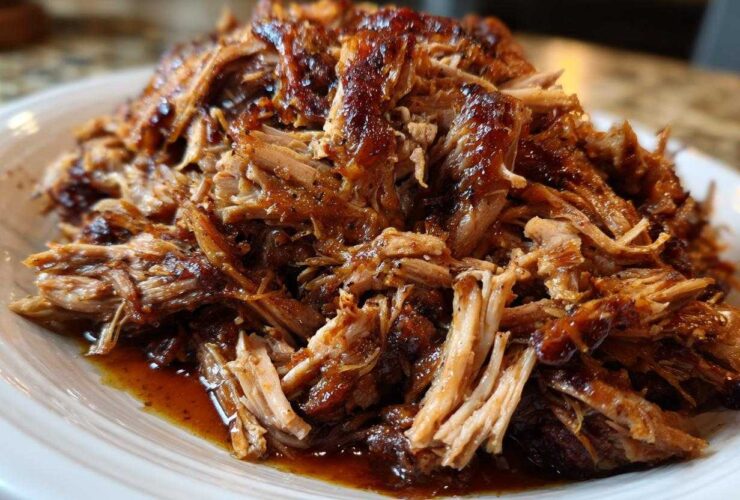 Close-up of a generous mound of saucy, shredded Slow Cooker Pulled Pork piled high on a white plate.